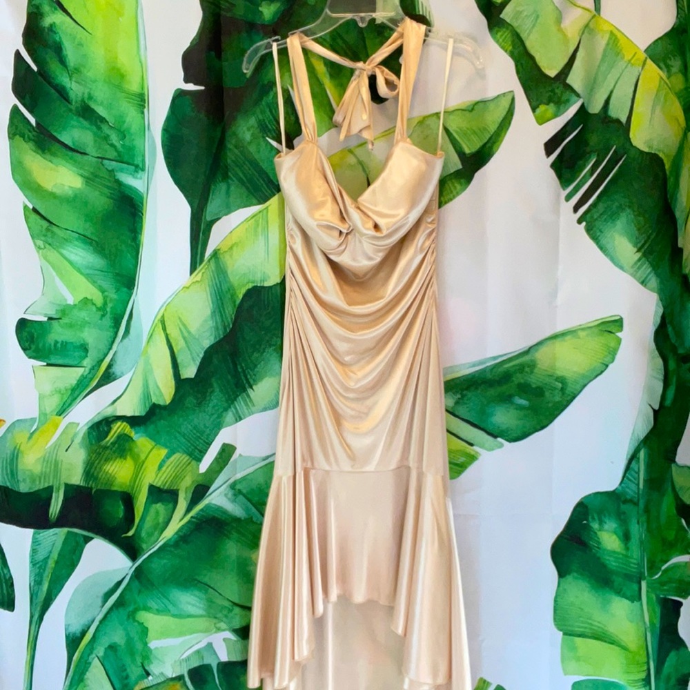 Silky Creme Formal High-Low Halter Dress